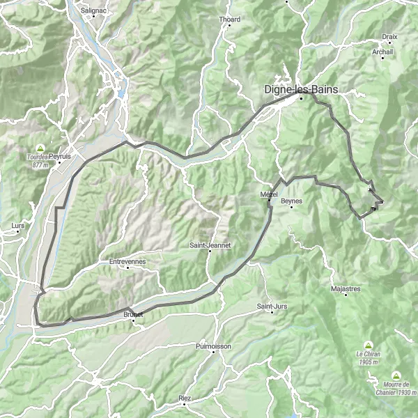 Miniaturní mapa "Road Oraison - Les Mées - Digne-les-Bains - Col de Corobin - Chaudon-Norante - Estoublon - Oraison" inspirace pro cyklisty v oblasti Provence-Alpes-Côte d’Azur, France. Vytvořeno pomocí plánovače tras Tarmacs.app