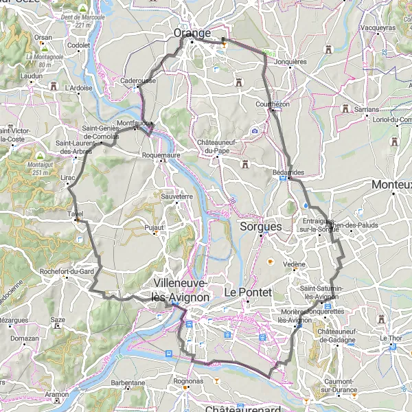 Zemljevid v pomanjšavi "Kolesarska pot okoli Orange - Provence-Alpes-Côte d'Azur, Francija" kolesarske inspiracije v Provence-Alpes-Côte d’Azur, France. Generirano z načrtovalcem kolesarskih poti Tarmacs.app