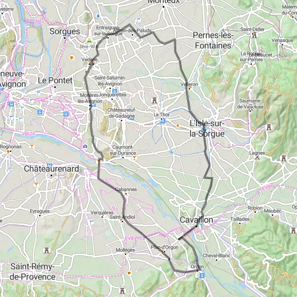 Karttaminiaatyyri "Plan-d'Orgon - Cavaillon - La Durance" pyöräilyinspiraatiosta alueella Provence-Alpes-Côte d’Azur, France. Luotu Tarmacs.app pyöräilyreittisuunnittelijalla