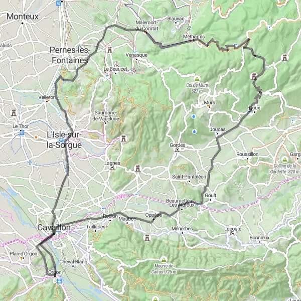 Miniature de la carte de l'inspiration cycliste "Itinéraire Route à travers la campagne provençale" dans la Provence-Alpes-Côte d’Azur, France. Générée par le planificateur d'itinéraire cycliste Tarmacs.app