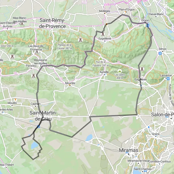 Mapa miniatúra "Cyklistický okruh cez Maussane-les-Alpilles" cyklistická inšpirácia v Provence-Alpes-Côte d’Azur, France. Vygenerované cyklistickým plánovačom trás Tarmacs.app