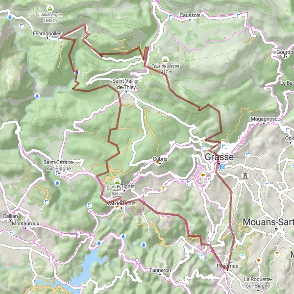 Map miniature of "Gravel Adventure through Peygros and Castel Abraham" cycling inspiration in Provence-Alpes-Côte d’Azur, France. Generated by Tarmacs.app cycling route planner