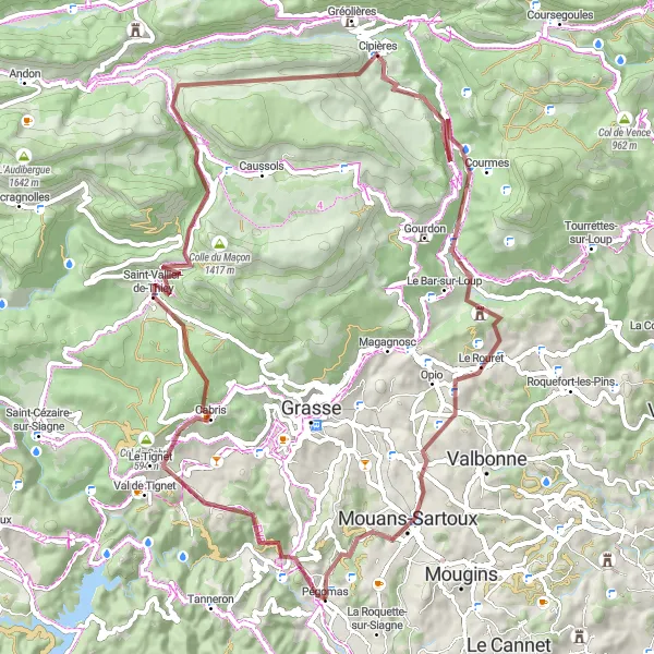 Zemljevid v pomanjšavi "Gorska kolesarska avantura okoli Pégomasa" kolesarske inspiracije v Provence-Alpes-Côte d’Azur, France. Generirano z načrtovalcem kolesarskih poti Tarmacs.app