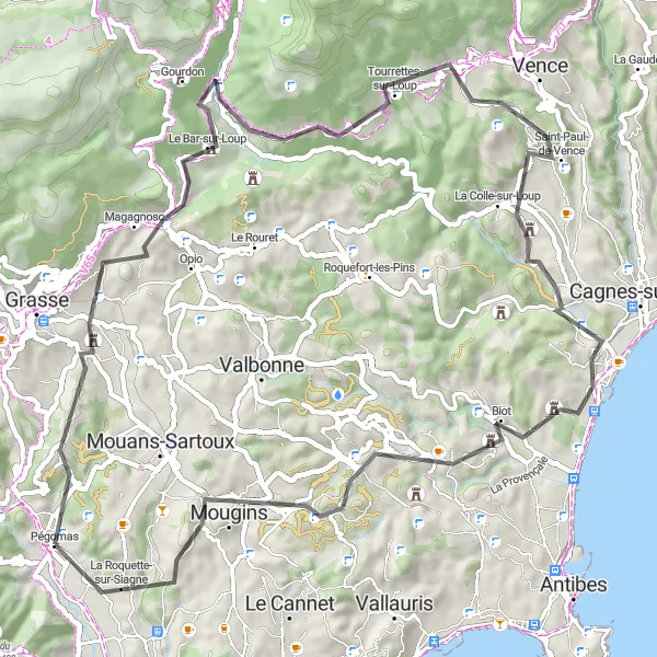 Miniaturní mapa "Trasa Châteauneuf-Grasse - La Roquette-sur-Siagne" inspirace pro cyklisty v oblasti Provence-Alpes-Côte d’Azur, France. Vytvořeno pomocí plánovače tras Tarmacs.app