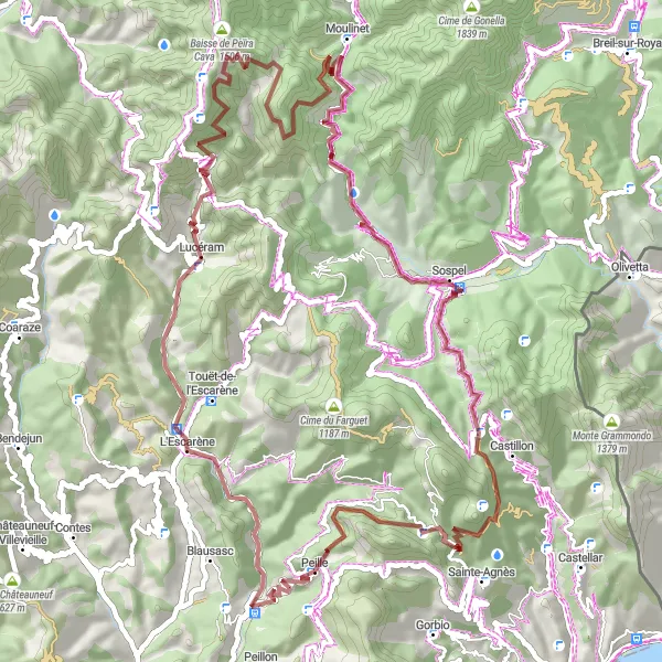 Zemljevid v pomanjšavi "Makedamsko kolesarjenje do vrhov Alp Côte d'Azur" kolesarske inspiracije v Provence-Alpes-Côte d’Azur, France. Generirano z načrtovalcem kolesarskih poti Tarmacs.app