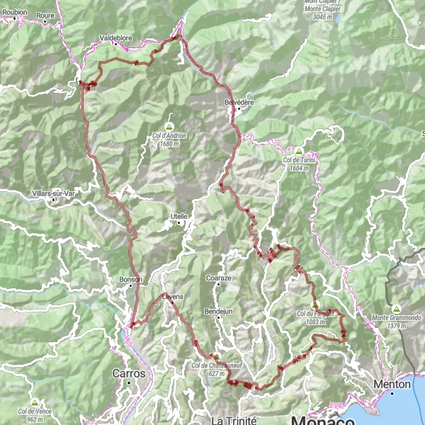 Miniature de la carte de l'inspiration cycliste "Aventure Gravel dans les Alpes-Maritimes" dans la Provence-Alpes-Côte d’Azur, France. Générée par le planificateur d'itinéraire cycliste Tarmacs.app