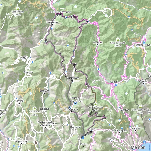 Miniaturekort af cykelinspirationen "Scenic Route til Col de Turini og Loda" i Provence-Alpes-Côte d’Azur, France. Genereret af Tarmacs.app cykelruteplanlægger