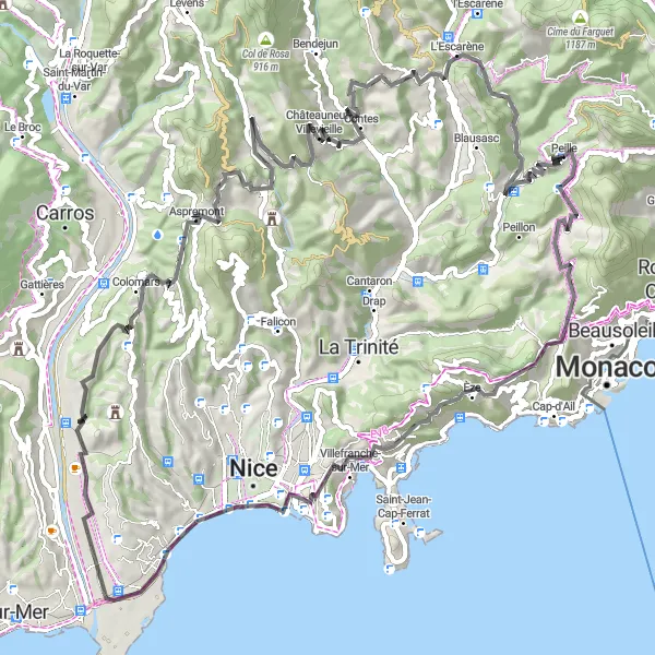 Karttaminiaatyyri "Challenging Cycling Loop from Peille to Châteauneuf-Villevieille" pyöräilyinspiraatiosta alueella Provence-Alpes-Côte d’Azur, France. Luotu Tarmacs.app pyöräilyreittisuunnittelijalla