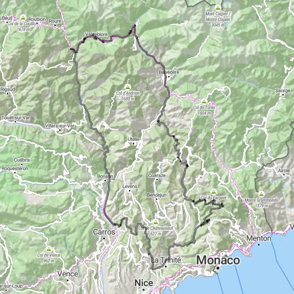 Mapa miniatúra "Výzva cez horské vrcholy" cyklistická inšpirácia v Provence-Alpes-Côte d’Azur, France. Vygenerované cyklistickým plánovačom trás Tarmacs.app