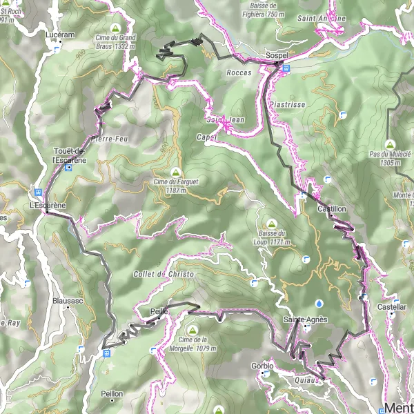 Kartminiatyr av "Cime de Rastel and Col du Saint-Bernard Loop" sykkelinspirasjon i Provence-Alpes-Côte d’Azur, France. Generert av Tarmacs.app sykkelrutoplanlegger