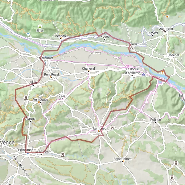 Map miniature of "Gravel Adventure to Aurons and Lauris" cycling inspiration in Provence-Alpes-Côte d’Azur, France. Generated by Tarmacs.app cycling route planner