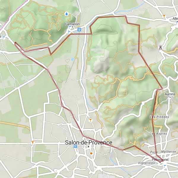 Map miniature of "Salon de Provence Gravel Loop" cycling inspiration in Provence-Alpes-Côte d’Azur, France. Generated by Tarmacs.app cycling route planner