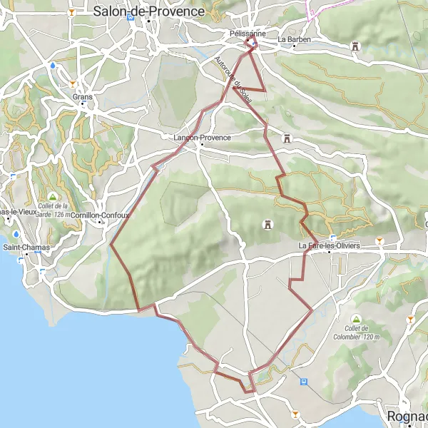 Mapa miniatúra "Jednoduchá gravel trasa cez Cornillon-Confoux a Lançon-Provence" cyklistická inšpirácia v Provence-Alpes-Côte d’Azur, France. Vygenerované cyklistickým plánovačom trás Tarmacs.app