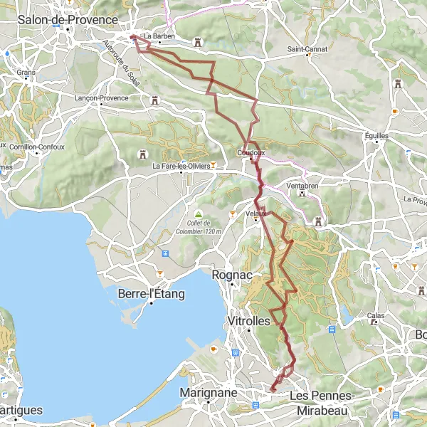 Map miniature of "Mouriès to La Barben Gravel Route" cycling inspiration in Provence-Alpes-Côte d’Azur, France. Generated by Tarmacs.app cycling route planner