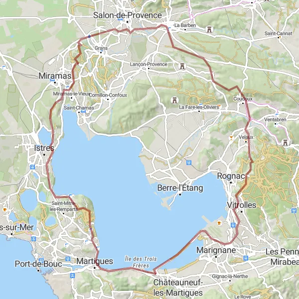 Map miniature of "Coudoux to Martigues Gravel Adventure" cycling inspiration in Provence-Alpes-Côte d’Azur, France. Generated by Tarmacs.app cycling route planner