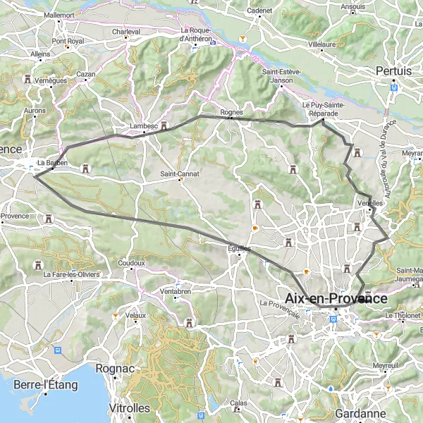 Karttaminiaatyyri "Les Collines de Pélissanne" pyöräilyinspiraatiosta alueella Provence-Alpes-Côte d’Azur, France. Luotu Tarmacs.app pyöräilyreittisuunnittelijalla