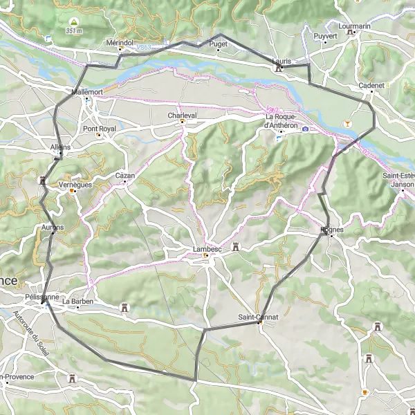 Map miniature of "Scenic Tour through Pélissanne" cycling inspiration in Provence-Alpes-Côte d’Azur, France. Generated by Tarmacs.app cycling route planner