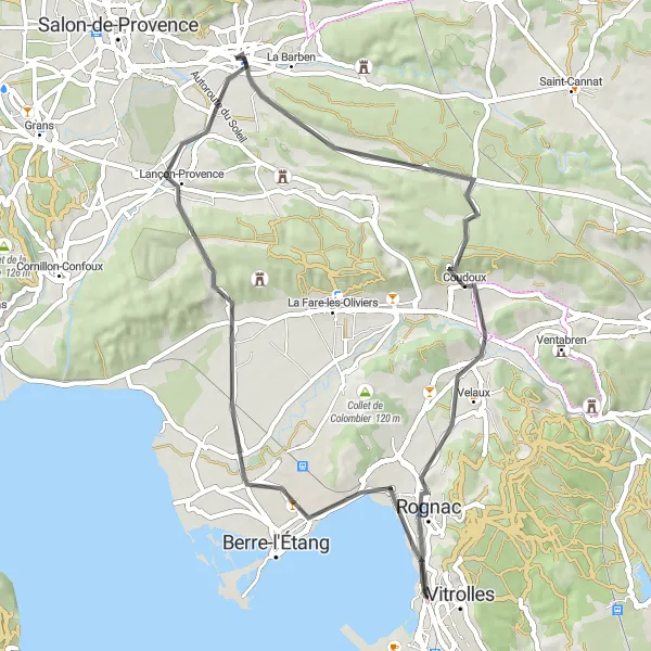 Kartminiatyr av "Vägcykling runt Pélissanne" cykelinspiration i Provence-Alpes-Côte d’Azur, France. Genererad av Tarmacs.app cykelruttplanerare