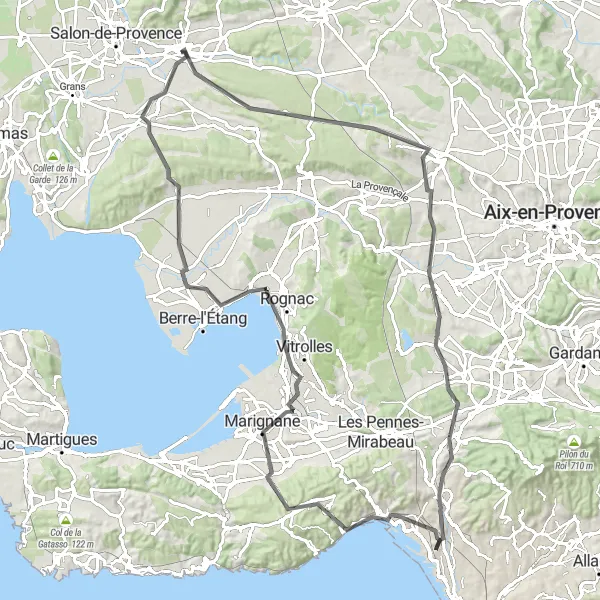 Map miniature of "Châteauneuf to Pélissanne Loop" cycling inspiration in Provence-Alpes-Côte d’Azur, France. Generated by Tarmacs.app cycling route planner