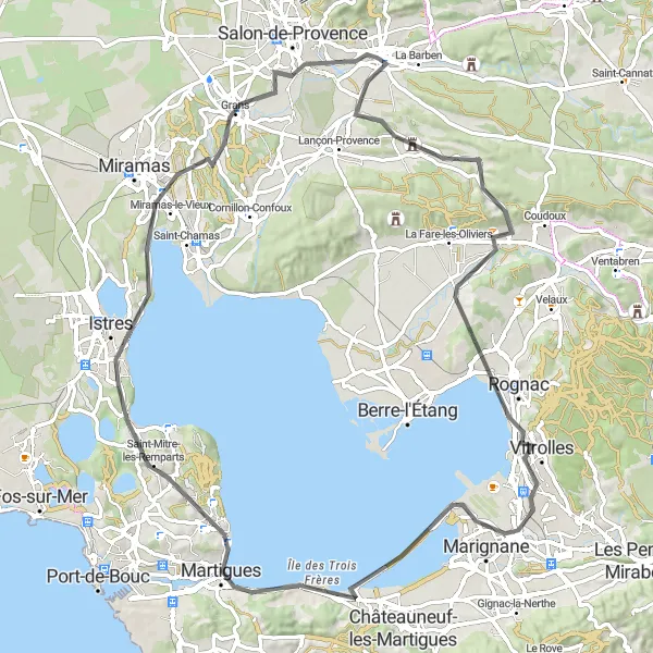 Map miniature of "Challenging Circuit to Martigues" cycling inspiration in Provence-Alpes-Côte d’Azur, France. Generated by Tarmacs.app cycling route planner