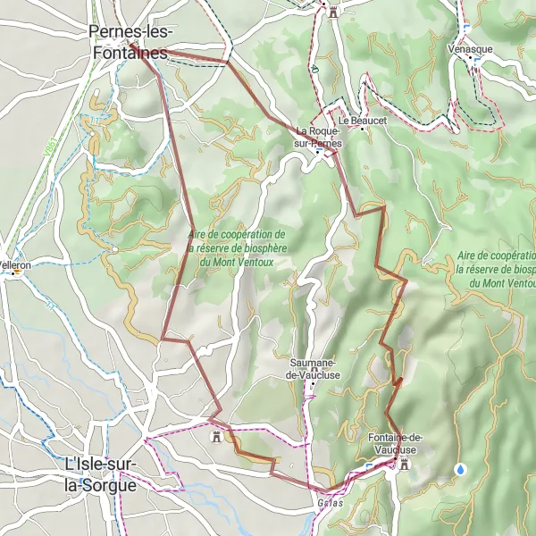 Kartminiatyr av "Kort rute til Fontaine-de-Vaucluse og Pernes-les-Fontaines" sykkelinspirasjon i Provence-Alpes-Côte d’Azur, France. Generert av Tarmacs.app sykkelrutoplanlegger