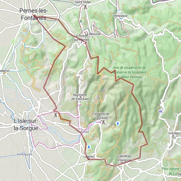 Miniatua del mapa de inspiración ciclista "Ruta de ciclismo de grava Pernes-les-Fontaines - Porte Saint-Gilles" en Provence-Alpes-Côte d’Azur, France. Generado por Tarmacs.app planificador de rutas ciclistas