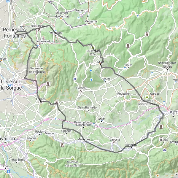 Kartminiatyr av "Bakketur til Château des Tourettes og Ménerbes" sykkelinspirasjon i Provence-Alpes-Côte d’Azur, France. Generert av Tarmacs.app sykkelrutoplanlegger