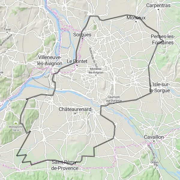 Kartminiatyr av "Långväga vägcykling till Avignon" cykelinspiration i Provence-Alpes-Côte d’Azur, France. Genererad av Tarmacs.app cykelruttplanerare