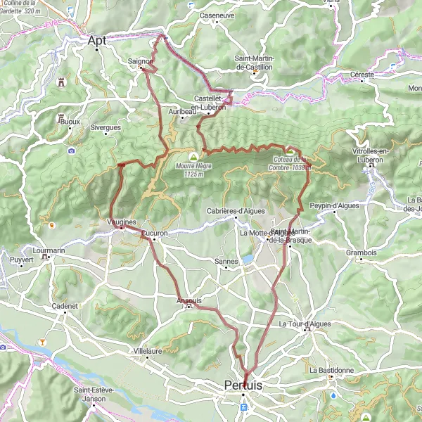 Map miniature of "Scenic Gravel Adventure" cycling inspiration in Provence-Alpes-Côte d’Azur, France. Generated by Tarmacs.app cycling route planner