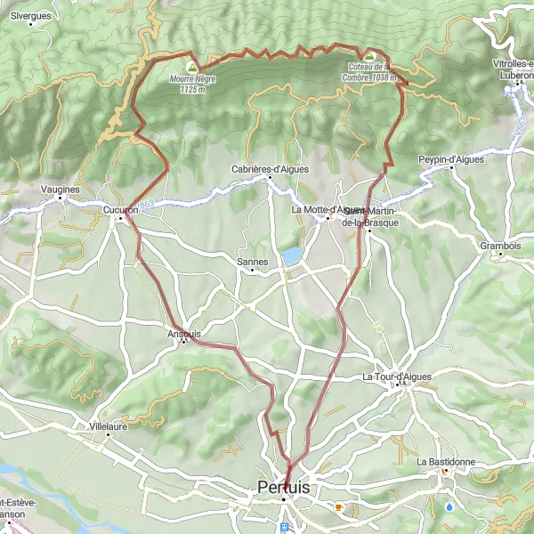 Miniaturní mapa "Scenic gravel loop near Pertuis" inspirace pro cyklisty v oblasti Provence-Alpes-Côte d’Azur, France. Vytvořeno pomocí plánovače tras Tarmacs.app