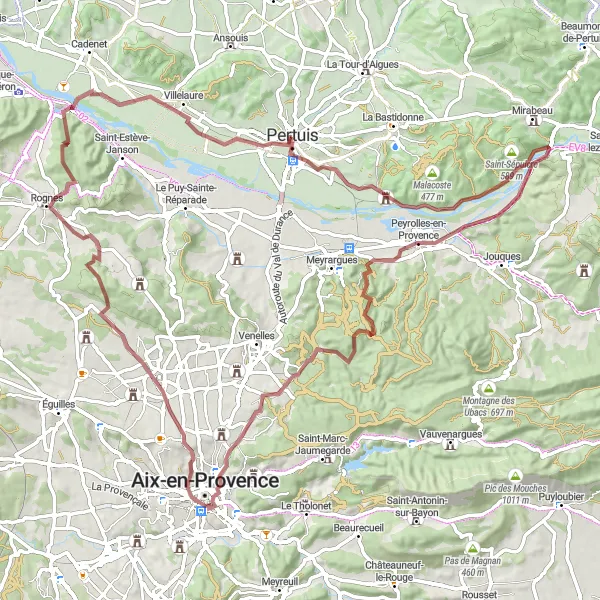 Map miniature of "Gravel Beauty near Pertuis" cycling inspiration in Provence-Alpes-Côte d’Azur, France. Generated by Tarmacs.app cycling route planner