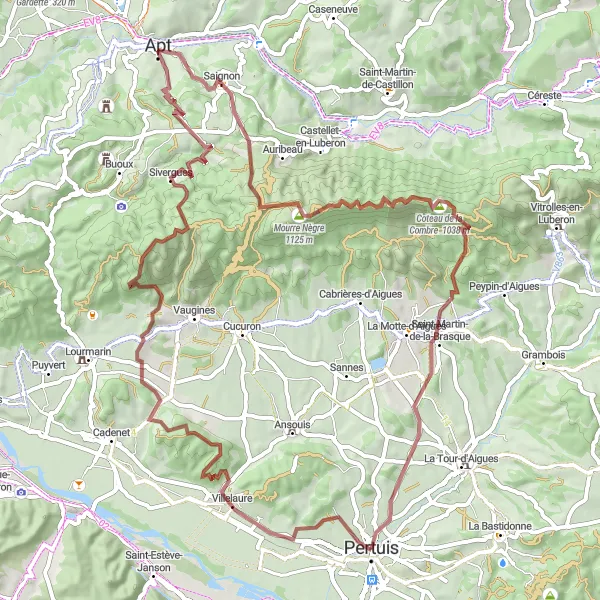 Zemljevid v pomanjšavi "Pertuis - Villelaure loop (Gravel)" kolesarske inspiracije v Provence-Alpes-Côte d’Azur, France. Generirano z načrtovalcem kolesarskih poti Tarmacs.app