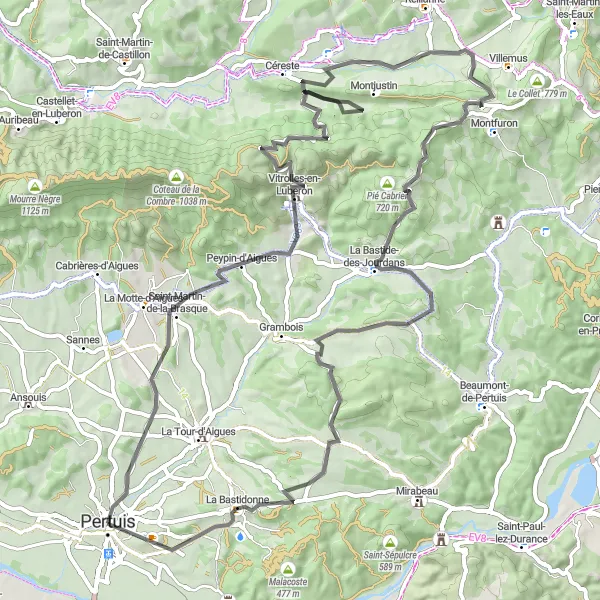 Karten-Miniaturansicht der Radinspiration "Rundfahrt von Pertuis nach Montjustin über Saint-Martin-de-la-Brasque" in Provence-Alpes-Côte d’Azur, France. Erstellt vom Tarmacs.app-Routenplaner für Radtouren