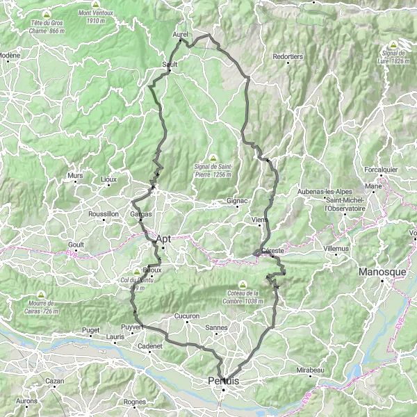 Mapa miniatúra "Cyklotrasa cez Lourmarin a Sault" cyklistická inšpirácia v Provence-Alpes-Côte d’Azur, France. Vygenerované cyklistickým plánovačom trás Tarmacs.app