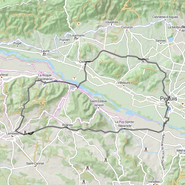 Zemljevid v pomanjšavi "Pertuis - Villelaure loop (Road)" kolesarske inspiracije v Provence-Alpes-Côte d’Azur, France. Generirano z načrtovalcem kolesarskih poti Tarmacs.app