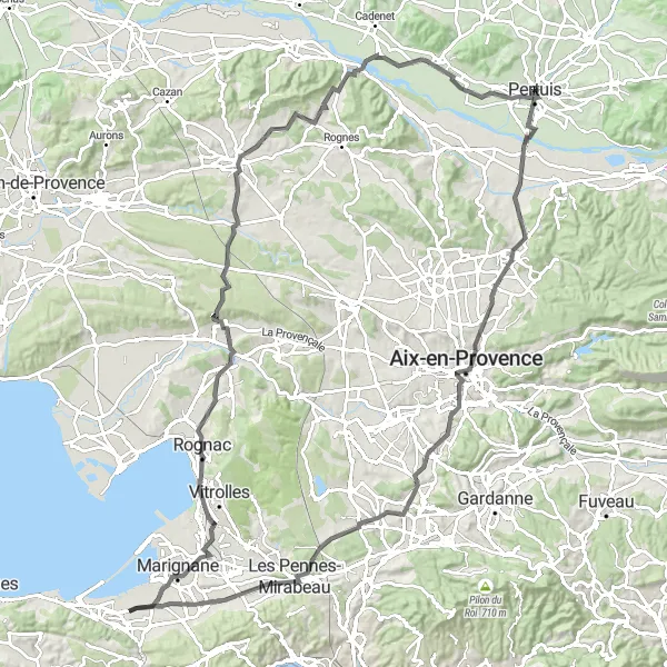 Miniaturní mapa "Silnice směrem k Pertuisu" inspirace pro cyklisty v oblasti Provence-Alpes-Côte d’Azur, France. Vytvořeno pomocí plánovače tras Tarmacs.app