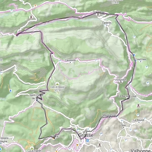 Miniaturekort af cykelinspirationen "Landevejscykeltur til Gourdon og Châteauneuf-Grasse" i Provence-Alpes-Côte d’Azur, France. Genereret af Tarmacs.app cykelruteplanlægger