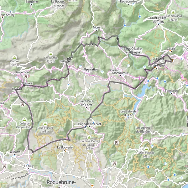 Map miniature of "Road Cycling Adventure through Bagnols-en-Forêt" cycling inspiration in Provence-Alpes-Côte d’Azur, France. Generated by Tarmacs.app cycling route planner