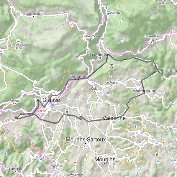Mapa miniatúra "Grasse to Valbonne Circuit" cyklistická inšpirácia v Provence-Alpes-Côte d’Azur, France. Vygenerované cyklistickým plánovačom trás Tarmacs.app