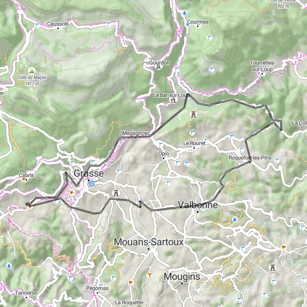 Karttaminiaatyyri "Kulttuuria ja maisemia Grassesta Le Plan de Grassee" pyöräilyinspiraatiosta alueella Provence-Alpes-Côte d’Azur, France. Luotu Tarmacs.app pyöräilyreittisuunnittelijalla