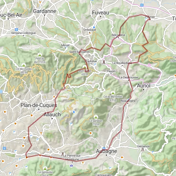 Zemljevid v pomanjšavi "Gorsko kolesarjenje v naravi okoli Peynierja" kolesarske inspiracije v Provence-Alpes-Côte d’Azur, France. Generirano z načrtovalcem kolesarskih poti Tarmacs.app