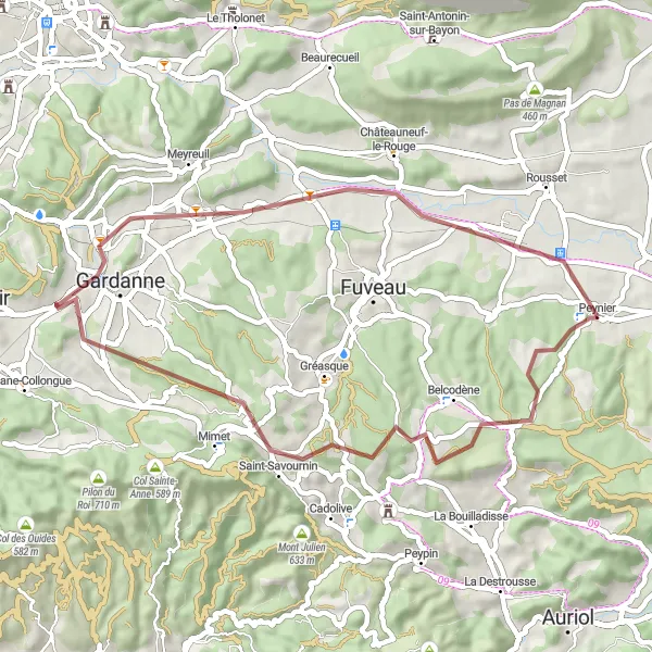 Miniaturekort af cykelinspirationen "Gruscykelrute til Colline des Frères og Peynier" i Provence-Alpes-Côte d’Azur, France. Genereret af Tarmacs.app cykelruteplanlægger