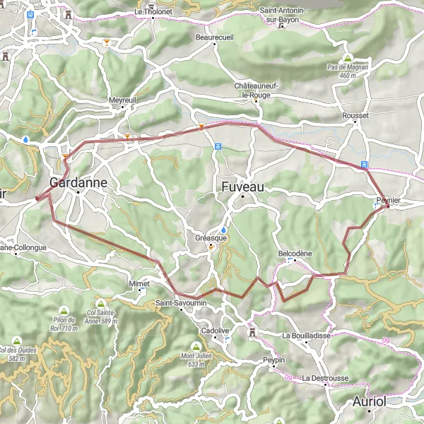 Miniature de la carte de l'inspiration cycliste "Les sentiers sauvages de Provence" dans la Provence-Alpes-Côte d’Azur, France. Générée par le planificateur d'itinéraire cycliste Tarmacs.app