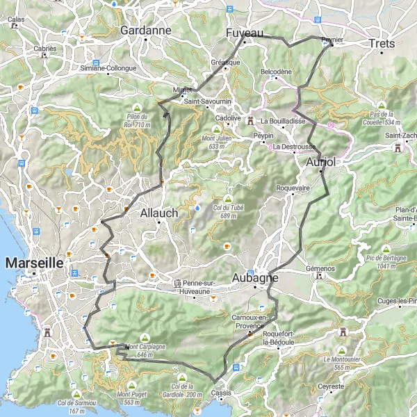 Map miniature of "Auriol to Peynier Challenge" cycling inspiration in Provence-Alpes-Côte d’Azur, France. Generated by Tarmacs.app cycling route planner