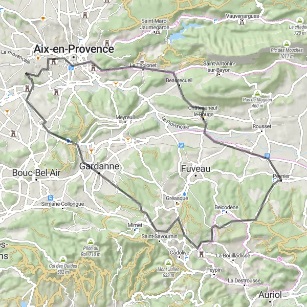 Mapa miniatúra "Jazdný okruh Belcodène" cyklistická inšpirácia v Provence-Alpes-Côte d’Azur, France. Vygenerované cyklistickým plánovačom trás Tarmacs.app