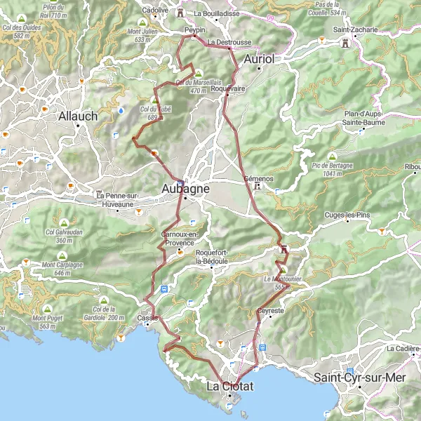 Zemljevid v pomanjšavi "Gravel Cycling Adventure near Peypin" kolesarske inspiracije v Provence-Alpes-Côte d’Azur, France. Generirano z načrtovalcem kolesarskih poti Tarmacs.app