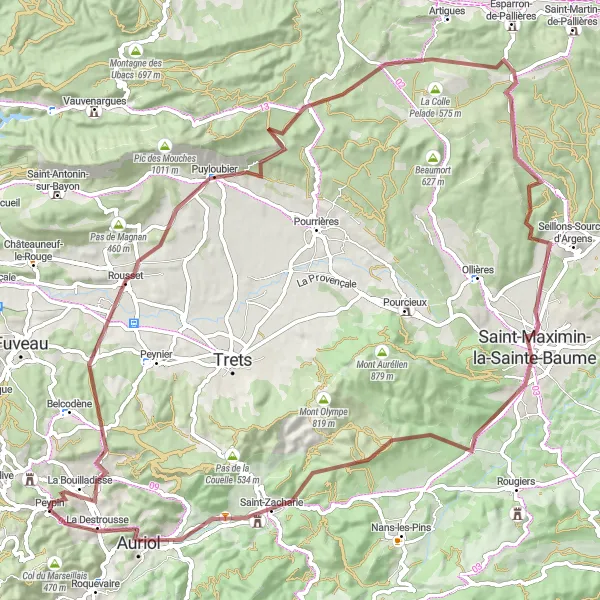 Map miniature of "Gravel Adventure through Sainte-Baume" cycling inspiration in Provence-Alpes-Côte d’Azur, France. Generated by Tarmacs.app cycling route planner