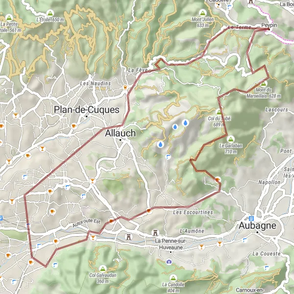 Miniature de la carte de l'inspiration cycliste "Itinéraire gravel à travers les collines provençales" dans la Provence-Alpes-Côte d’Azur, France. Générée par le planificateur d'itinéraire cycliste Tarmacs.app