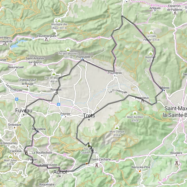 Zemljevid v pomanjšavi "Epska krožna ruta po Provanco" kolesarske inspiracije v Provence-Alpes-Côte d’Azur, France. Generirano z načrtovalcem kolesarskih poti Tarmacs.app