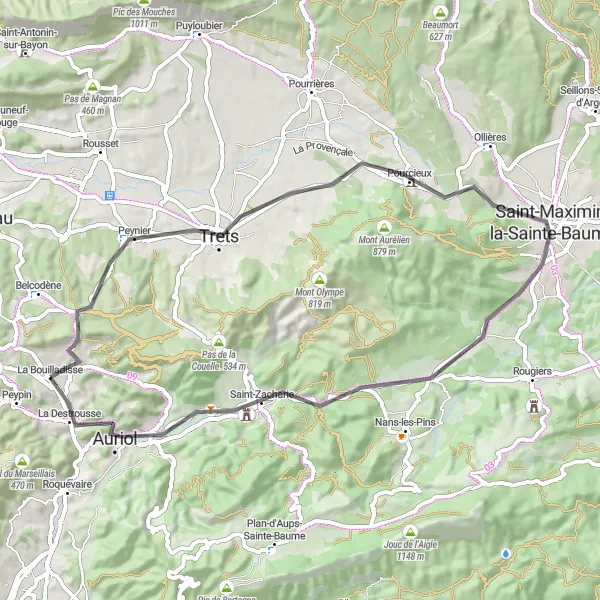 Map miniature of "Peynier to Saint-Zacharie" cycling inspiration in Provence-Alpes-Côte d’Azur, France. Generated by Tarmacs.app cycling route planner